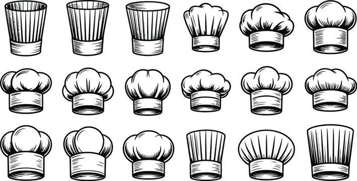 Chef hat vector set, hand drawn line art cooking toques in multiple styles for restaurant bakery and culinary branding.