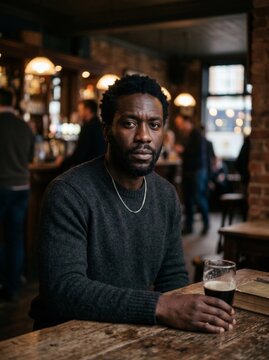 Pensive and Confident Black Man Sitting at a Wooden Bar Counter in a Dimly Lit Pub Holding a Glass of Dark Beer