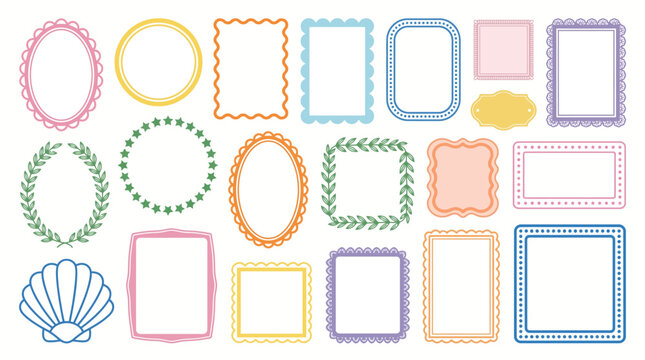 A vibrant collection of decorative photo frames and borders in pastel colors, featuring oval, circular, rectangular, scalloped edges and a seashell motif for creative layouts.