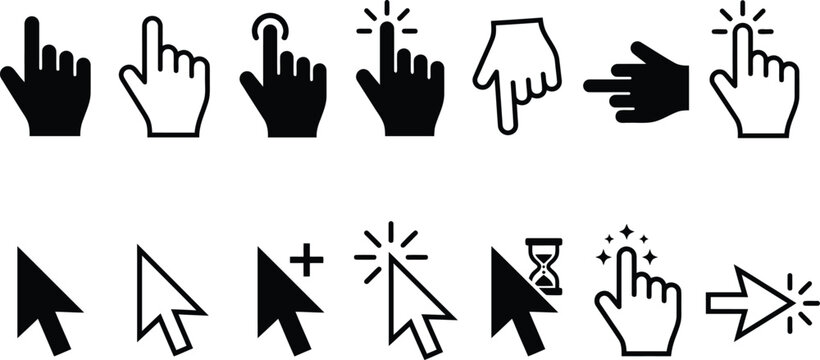 Hand cursor icons set pointing fingers and mouse arrows on white