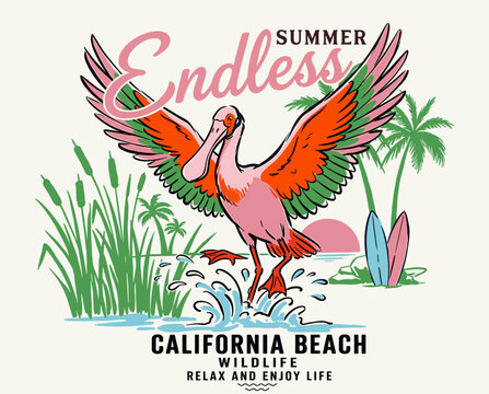 Endless summer california beach pink bird illustration, tropical surf vibes, retro tshirt design, coastal spoonbill artwork, paradise print