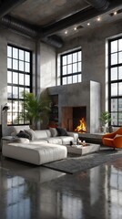 Fototapeta premium Industrial chic lounge with double height windows, fireplace, white sectional sofa and orange accent chair for modern loft background and interior design inspiration