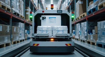 Obraz premium Autonomous robotic forklift transporting packages through modern warehouse aisles