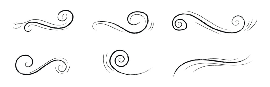 Hand drawn wind and gust doodle set with elegant swirls and flowing line sketches. Isolated vector illustration of whimsical breeze elements for weather and motion design.