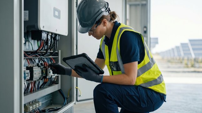 Female technician wearing safety gear inspecting electrical components inside a solar power inverter cabinet at a photovoltaic farm during daylight maintenance work.