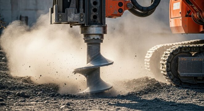 Heavy construction machinery drilling into the earth, creating dust and debris during excavation and ground work
