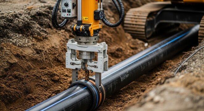Heavy construction machinery precisely joins large diameter plastic pipe segment during underground infrastructure project
