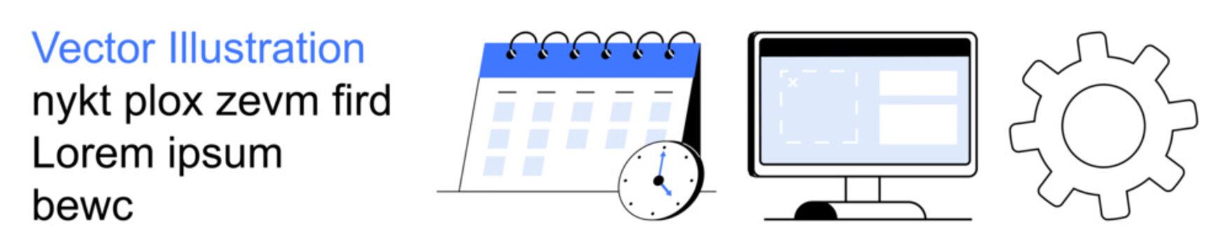 Time management, workflow planning, productivity, project scheduling, task organization, business process improvement. a calendar, clock monitor and gear symbols. Time management and workflow