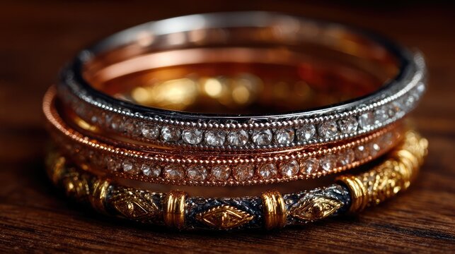 Stacked gold and silver bangles with intricate designs on dark wooden surface