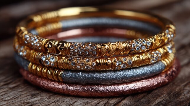 Stacked gold and silver bangles with intricate designs on wooden surface in soft light