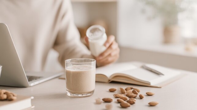 Almond milk glass with scattered almonds on a neutral home workspace with laptop and open notebook for wellness blog background and website design