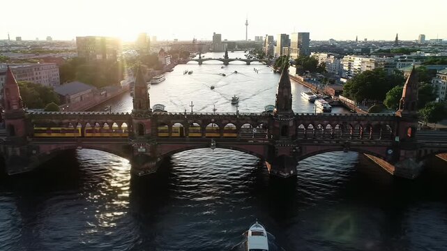 Berlin's historic Oberbaum Bridge in golden hour, with a yellow U-Bahn and boats on the Spree, cityscape and Fernsehturm. Timeless urban grandeur concept