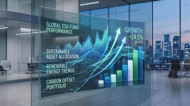 Futuristic holographic display showing global ESG fund performance and growth charts, sustainable asset allocation data, renewable energy trends analysis, carbon offset portfolio
