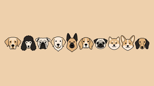 Row of cute cartoon dogs of different breeds sitting side by side on a warm beige background