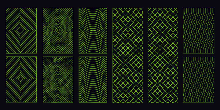 set of eight vertical geometric line patterns on black