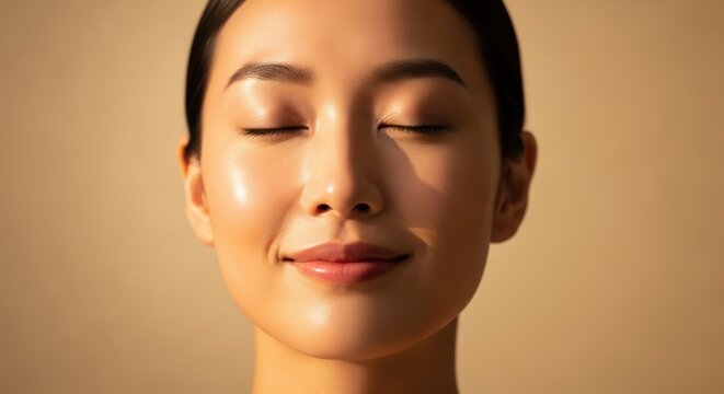 Serene asian woman with closed eyes and smooth glowing skin on beige background
