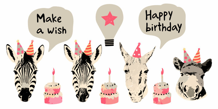 vector illustration of zebras with birthday cakes and speech bubbles