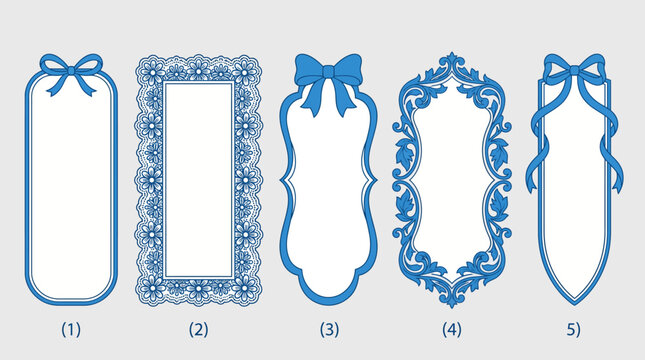 Five blue ornate lace-style picture frames with ribbons, decorative vintage frames collection for photo displays, weddings, and gallery walls
