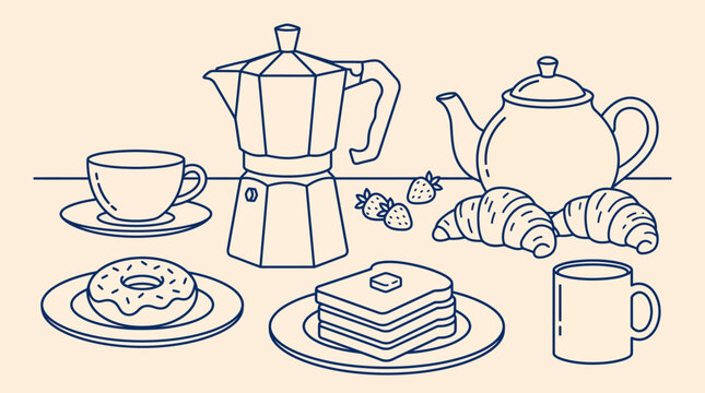 Illustrated breakfast scene featuring a moka pot, croissant, donut, stack of toast, grapes, teapot, and a coffee cup in a cozy kitchen.