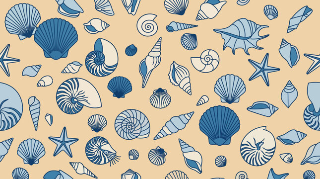 Seamless pattern of blue seashells and starfish on a beige background for nautical coastal design and home decor