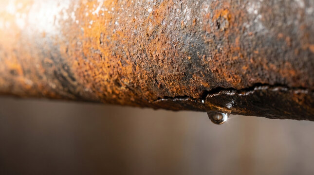 Close up of a single water droplet leaking from a cracked and rusty metal pipe