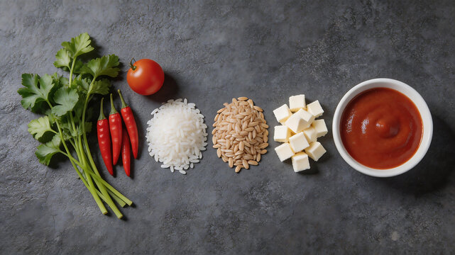 Ingredients for cooking arranged on a surface perfect for cooking tutorials and recipe showcases
