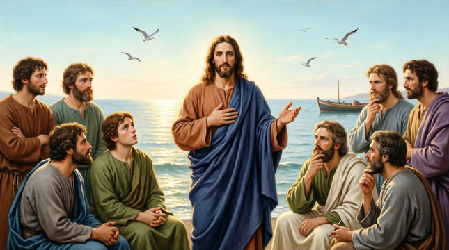 Jesus teaches timeless parables to devoted disciples by the sea with divine grace.