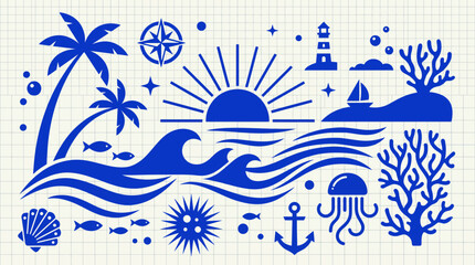 Obraz premium Vibrant blue tropical ocean illustration with palm trees, sun, waves, lighthouse, anchor, shells and coral for a decorative nautical scene