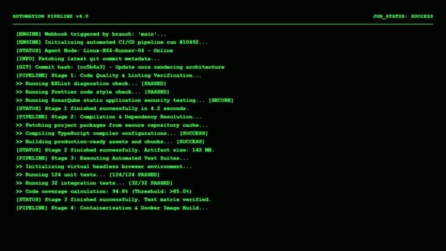 Automated DevOps CI CD Pipeline Terminal Screen Showing Containerization Docker Image Build Layers and Cloud Canary Release Deployment Success.
