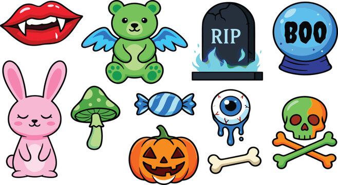 Cute Halloween Sticker Collection with Vampire Lips Bunny Pumpkin Skull and Spooky Cartoon Elements Vector Illustration Set