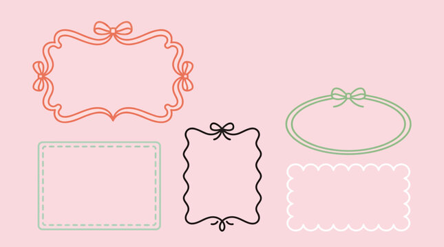 Pastel decorative frame set with ornate, scalloped, and dotted borders on a pink background for scrapbooking, invitations, and digital design projects