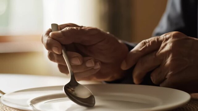In a cozy dining room, a weathered hand gently holds a silver spoon above a pristine plate, evoking feelings of nostalgia and quiet reflection during a calm afternoon.