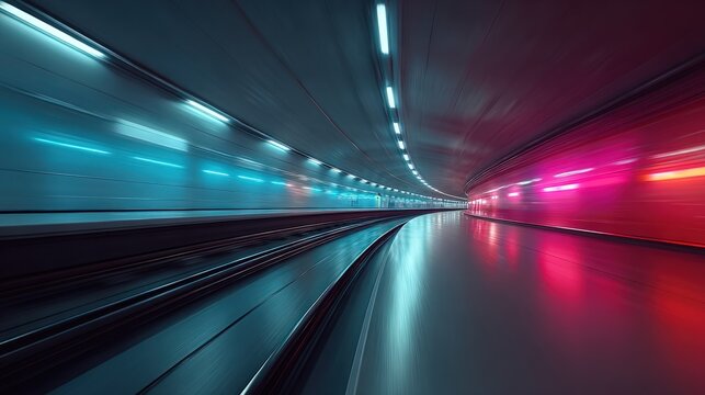 Long exposure of a modern subway tunnel with glowing blue and pink neon light reflections on the walls.