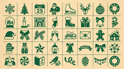 Fototapeta premium Collection of Christmas icons and festive symbols for holiday design, featuring trees, gifts, ornaments, snowflakes, reindeer, sleighs, stockings, wreaths, bells, candy canes, holly, and more.