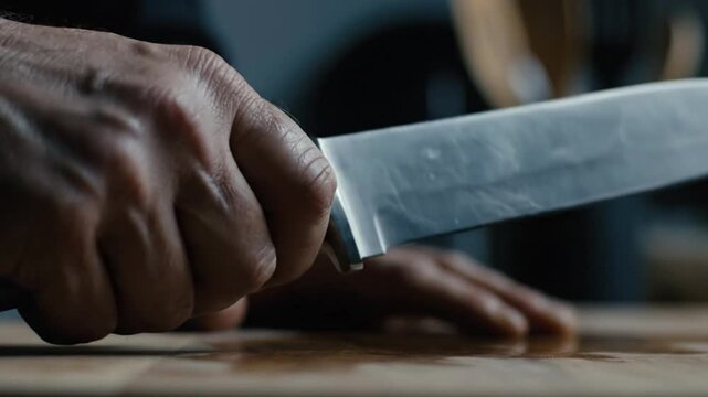 Close up shot of a hand holding a sharp chef knife resting on a wooden cutting board