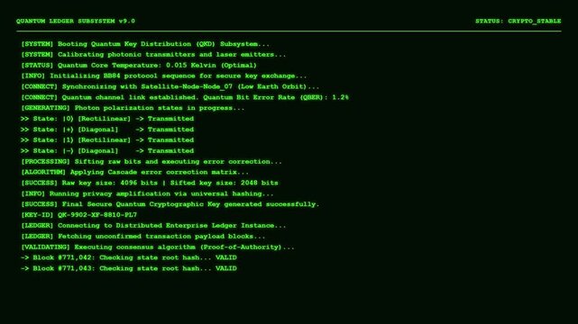 Quantum Ledger Subsystem Terminal Interface Displaying Cryptographic Key Generation Algorithms and Immutable Block Verification Status Logs.