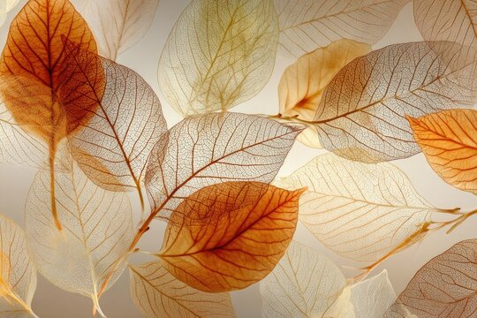 Translucent skeleton leaves in warm autumnal hues, softly layered