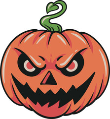 Hand-drawn angry jack-o-lantern pumpkin with jagged mouth, glowing eyes, and green vine stem, isolated on white in a spooky Halloween cartoon style © Galih