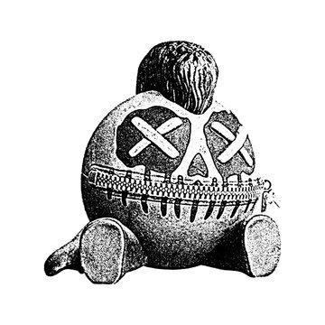 Cartoonish sitting doll with zipper detail and cross markings character illustration stitched whimsical handmade