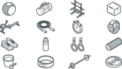 Isometric Gym Workout and Crossfit Fitness Outline Icon Set with Barbell Rack, Rowing Machine, Smartwatch, Jump Rope, and Sports Equipment Graphics © MDRUBEL