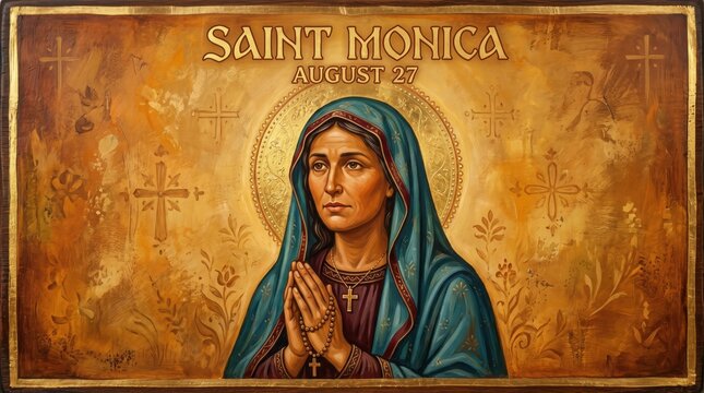 Saint Monica, praying, icon, religious artwork, gold background