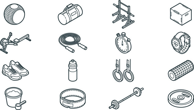 Isometric Gym Workout and Crossfit Fitness Outline Icon Set with Barbell Rack, Rowing Machine, Smartwatch, Jump Rope, and Sports Equipment Graphics