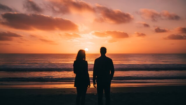 Couple watching sunset on beach together.