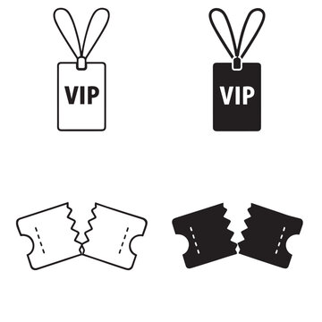 Abstract icon set of event access symbols with VIP passes and broken tickets in outlined and filled styles arranged in 2x2 grid for admission and entry graphics