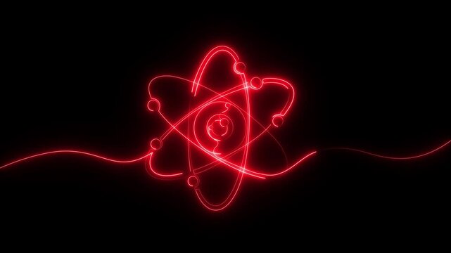 Atom and electrons, neon animated self drawing of single continuous line, continuous contour movement, video drawing of line in 4k