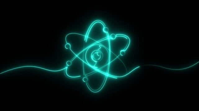 Atom and electrons, neon animated self drawing of single continuous line, continuous contour movement, video drawing of line in 4k