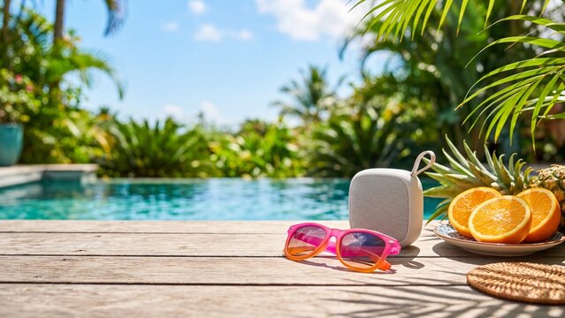 Sunglasses portable speaker and tropical fruits on wooden deck by infinity pool. Palm trees lush greenery and blue sky background. Summer vacation relaxation concept
