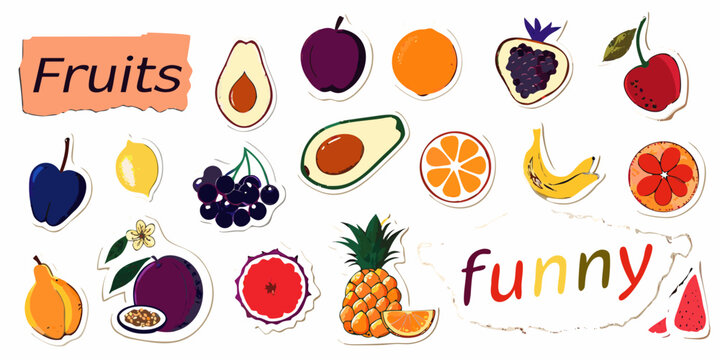 vector sticker pack of colorful fruits on white background