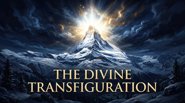 Snowy mountain peak with radiant light, dramatic clouds, and divine text overlay