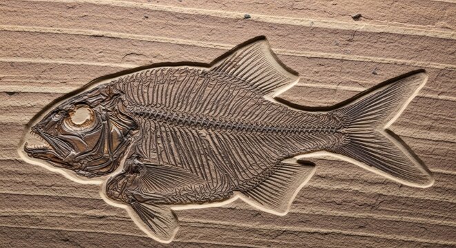 Ancient Fish Fossil Impression in Stone, Paleontology and History.
